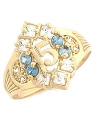 14k Yellow Gold Sapphire Blue CZ Stylish Quinceanera 15 Anos Ring