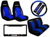 8 Piece Type X Auto Interior Racing Set - Universal Fit High Back Bucket Seat Covers and Rear Bench Seat Cover and Steering Wheel Cover and Seat Belt Covers and License Plate Frame - Blue