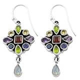 3.1 Carats Multi-Gemstone Sterling Silver Floral Design Dangle Earrings