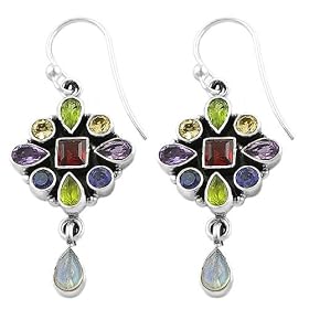 3.1 Carats Multi-Gemstone Sterling Silver Floral Design Dangle Earrings by 