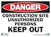 Zing Eco Safety Sign, Header "DANGER", "CONSTRUCTION SITE UNAUTHORIZED PERSONS KEEP OUT", 14" Width x 10" Length, Recycled Aluminum, Red/White/Black (Pack of 1)