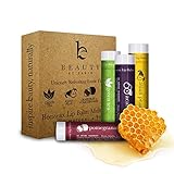 Beauty by Earth LIP BALM ★ 100% Natural Beeswax Uniquely Refreshing Exotic Flavors Lip Care with Shea Butter, Vitamin E, Cocoa Butter - Long Lasting, Moisturizing Repair for Dry and Chapped Lips. No Toxic Ingredients - Made in the USA. 4 Pack