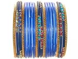 Beachcombers! Ethnic Glass Indian Bollywood Bangles Belly Dance Bracelets Set Blue Gold