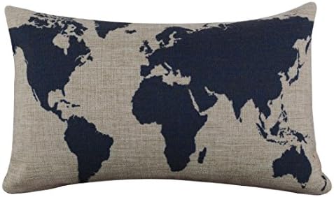 OUBAO Burlap Linen Dark Blue World Map Decorative Cushion Cover Pillow Case