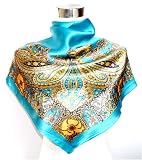 Satin Gold Paisley Print on Lagoon Blue - Silk Square Scarf 35x 35