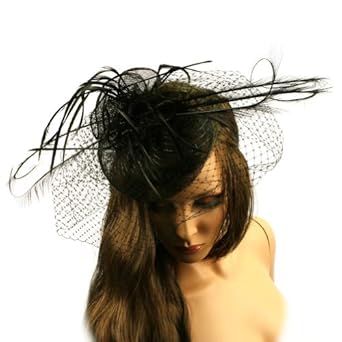 Veil Lace Long Feathers Hat Fascinator Headband Head Piece Cocktail Cap Black