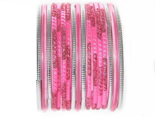 Click here to buy Beachcombers! Ethnic Glass Indian Bangles Belly Dance Bracelets Set Pink Silver.