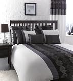 SUPERB RETRO BLACK WHITE EMBROIDERED DOUBLE CIRCLE DUVET SET AN CURTAINS 66 X 72