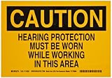 Brady 118263 10 Width x 7 Height B-558 Pressure Sensitive, Black On Yellow Color Sustainable Safety Sign, Legend Caution Hearing Protection Must Be Worn While Working In This Area