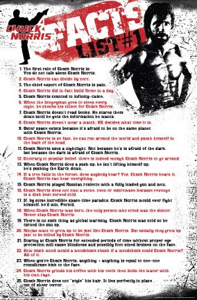 Cover image : Chuck Norris Facts #1 Poster ～ 25 different like: Chuck Norris grinds his coffee with his teeth then boils the water with his own rage. ～ 22x34