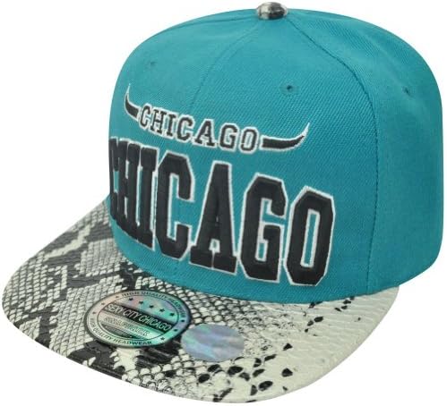 Chicago Snake Animal Skin Snap Back Flat Bill Hat Cap Chi-Town Windy City Faux