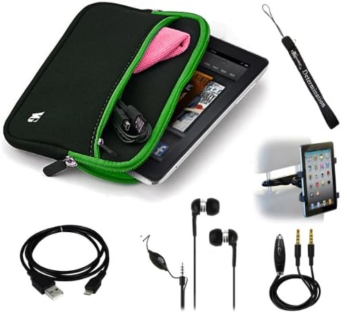 Green Trim - Black Slim Protective Soft Neoprene Cover Carrying Case Sleeve with Extra Pocket // Fits Anywhere// For Amazon Kindle Fire Full Color 7" Multi-touch Display, Wi-Fi (Newest Tablet) + Includes a Black Micro USB Data Sync Cable + Auxilary Cable ( AUX Connectivity ) + Adjustable HeadRest Car Mount Kit + High Quality Noice Reducer MP3 Handsfree Earbuds Earphones with Mic