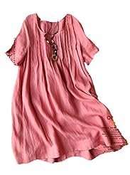 Short Sleeves Ruched Round Neck Linen  Shirt  Dress