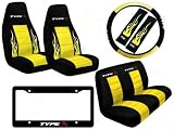8 Piece Type X Auto Interior Racing Set - Universal Fit High Back Bucket Seat Covers and Rear Bench Seat Cover and Steering Wheel Cover and Seat Belt Covers and License Plate Frame - Yellow