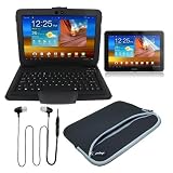 Premium LCD Clear Screen Protector + Black Leather Case With Bluetooth Keyboard +Black Earphone Headset with MIC + Black Dual Pocket Laptop Carrying Case For Samsung Galaxy Tablet 10.1 P7510 By Skque
