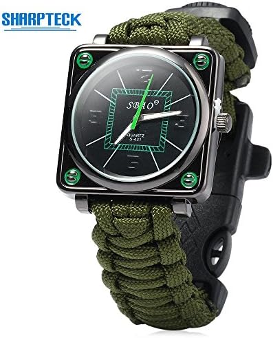 SHARPTECK 6 in 1 Adjustable Paracord Outdoor Watch with Survival Compass Whistle Fire Starter Watchband Bracelet ,Amry Green