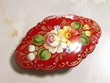 #8: ロシア製 ジョストボ バレッタ 愛らしいお花型 ルージュレッド地 ホワイト&イエローフラワー 10x6cm 職人手作り