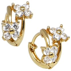 14K Yellow Gold CZ Dual Flower Huggy Earrings