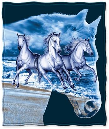 Horse Silhouette, Horses Running on Beach, Blue Fleece Throw Blanket 50 X 60