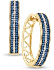 10K Yellow Gold Round Brilliant Cut Blue and White Diamond - Huggies Channel Set Round Circle Hoop Earrings - (1/2 cttw.)