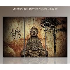 3 teilig Riesig WANDBILD BUDDHA Buddhabild Feng Shui (buddha-160x90cm) Bilder fertig gerahmt mit Keilrahmen riesig. Ausf�hrung Kunstdruck auf Leinwand. G�nstig inkl Rahmen