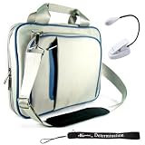 Kroo Blue and Gray Creamy Carrying Case Optional Shoulder Strap For Amazon Kindle DX Now with More Space, More Durable, Looks CooL + Includes a 4-inch Determination Hand Strap + Includes a White Mighty Light UltraFlex2 Dual Bright LED eBook Reader Light