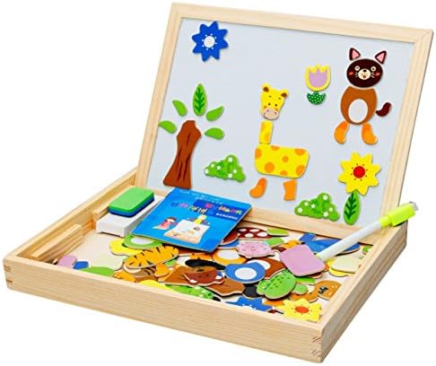 Wooden Blocks Kids Jungle Animal Fantastic Easel Puzzle Magnetic Painting Drawing Board Blackboard Learning &amp; Education Toys