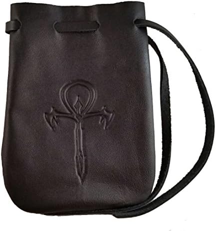Leather Ankh Dice Bag - Medium 4.5" x 6" Drawstring Pouch (Debossed Black Lea...