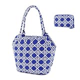 Medium Quilted wicker Print Tote Handbag with Matching Zip-around Wallet - Blue