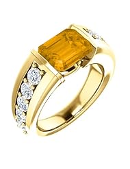 18K Yellow Gold 9.00x7.00mm Emerald Cut Citrine and Diamond Ring -- LIFETIME WARRANTY