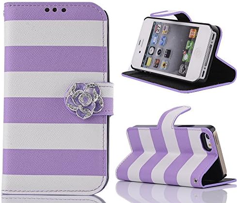 iphone 5/5S Case, Camellia Bling Striped Credit ID Card Slot Holder Wallet Flip Phone Case With Stand Wrist Strap --Retail Package W Screen Protector--Lilac