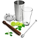 Boston Cocktail Shaker set with Hawthorn Strainer, Bar Mixing Spoon and Wooden Muddler