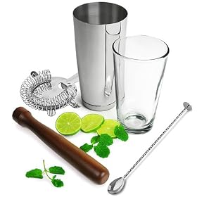 Boston Cocktail Shaker set with Hawthorn Strainer, Bar Mixing Spoon and Wooden Muddler