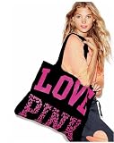 Victoria's Secret PINK LOVE PINK Animal Print Black Weekender Light Weight Canvas Beach Gym Tote Bag