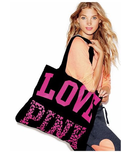 Victoria’s Secret PINK LOVE PINK Animal Print Black Weekender Light Weight Canvas Beach Gym Tote Bag