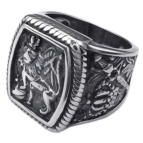 KONOV Mens Stainless Steel Ring, Vintage Gothic Crown Leo King Signet, Black Silver