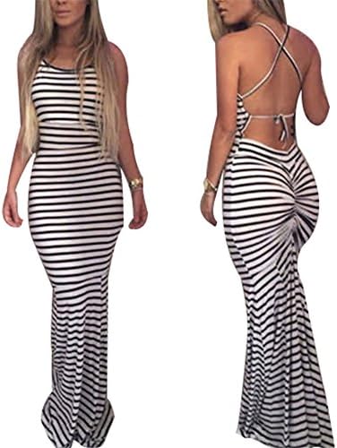 Mherl Women's Summer Sexy All-match Striped Fishtail Maxi Dress (L)