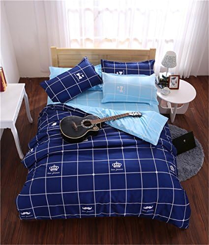 Luxurious Microfiber Crown Grid College Dorm 4 Pieces Flat Sheet Fitted Sheet Pillowcases Blue Twin