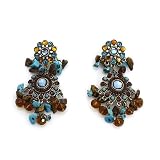 Fashion Dangle Earrings; 3 Drop; Burnished Gold Metal with Brown and Turquoise stones