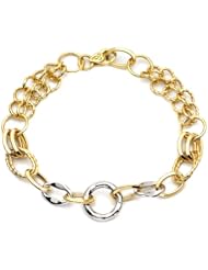 14k Italian Yellow and White Gold High Polished and Textured Oval and Round Link Bracelet, 7"