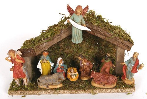 Presepe natività 11 soggetti in resina con capanna muschiata cm28*8*15