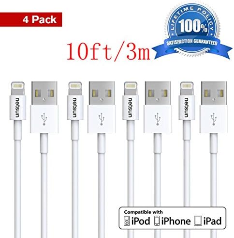 iPhone cable,NetSun(TM) 4 Pack 10Ft/3m Lightning to USB Sync and Charging Cable for Apple iPhone 6s / 6s Plus / 6 / 6 Plus / 5s / 5c / 5, iPod 7, iPad Mini / Mini 2/ Mini 3, iPad 4 / iPad Air / Air 2