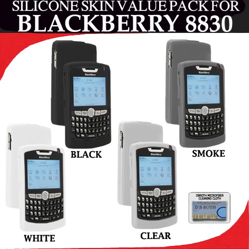 Photo Silicone Skin 4 pc. Value Pack for your Blackberry 8830 (Black, White, Clear, Smoke) Bonus DBRoth Microfiber Cleaning Cloth Included