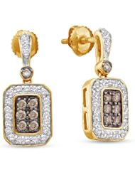 14K Yellow Gold Round Brilliant Cut Chocolate Brown and White Diamond - Channel Set Dangle Earrings with Secure Screw Back Closure - (1/2 cttw.)