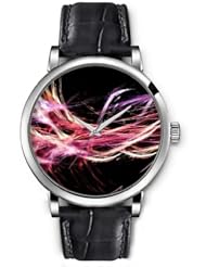 SPRAWL Aanalog Fashion Series Silver Ladies Watches of Genuine Black Leather Strap,Unique Wrist Watch for Women Girls Designed with Disordered colored feathers on black background
