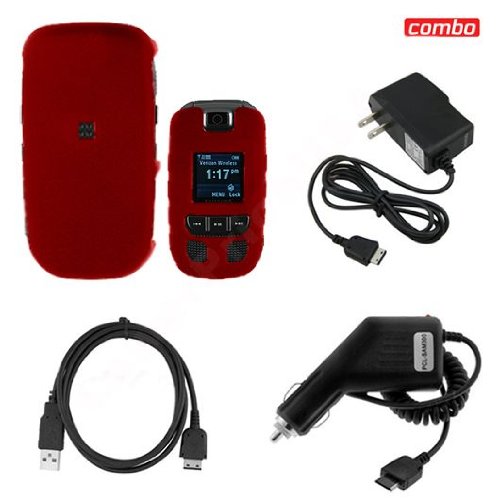 Samsung Convoy U640 Combo Rubber Feel Red Protective Case Faceplate Cover + USB Data Charge Sync Cable + Rapid Car Charger + Home Wall Charger for Samsung Convoy U640