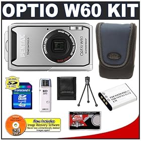 Pentax Optio W60 Waterproof Digital Camera (Silver) + Spare D-LI78 Battery + 4GB SDHC Card + Precision Design Accessory Kit