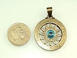 30mm Antique BRONZE metal pendant with BLUE crystal