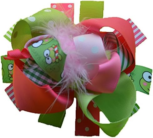 Pink Keroppi Polka Dot/Stripes/Gingham Hair Bow with Feather Accent