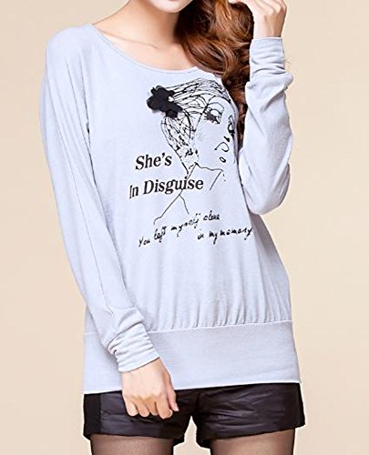 カットソー Uネック トップス イラスト コサージュ カットソー 長 袖 シャツ シフォン トップス グレー (オリジナル・ブレスレットとサシェセット)